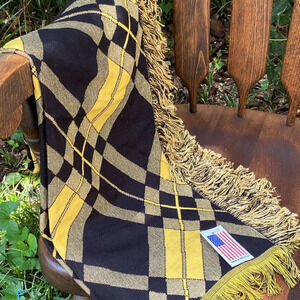 Mid Century Argyle Plaid Throw Blanket Black Gold 50x60" NEW Made in USA 8820